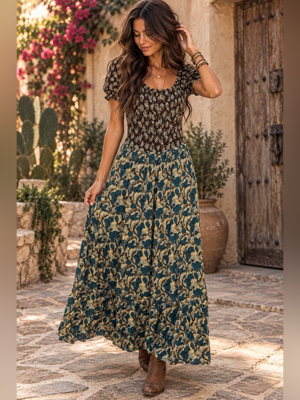 NATURAL LIFE Brown and Teal Floral Maxi Dress